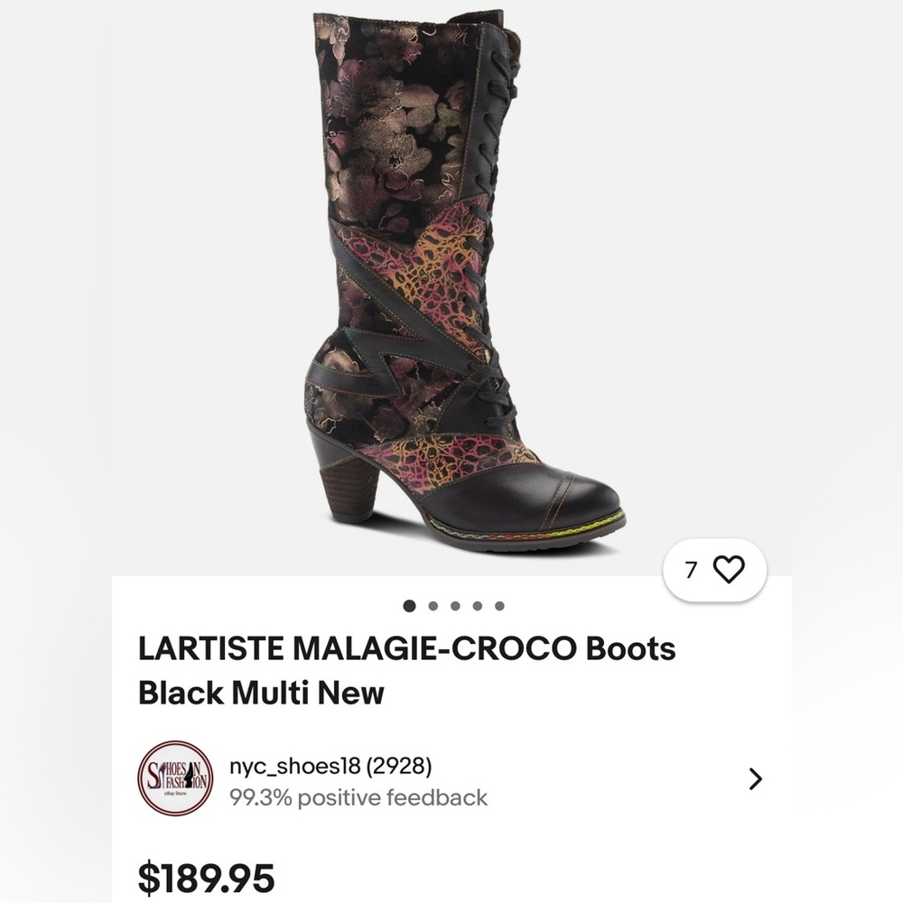 L artiste Black Multi Floral-Accent Mid-Calf Heeled Boots